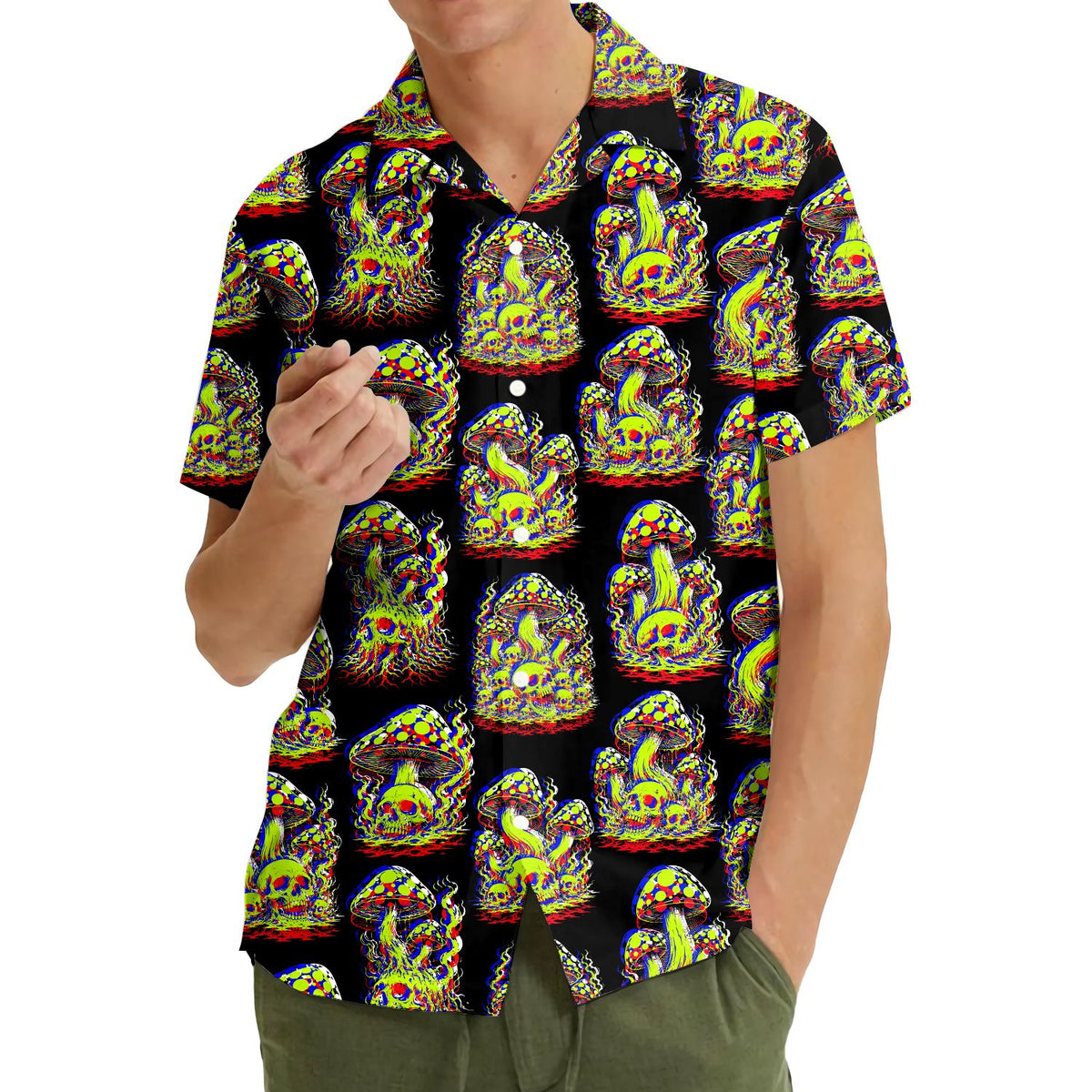Third lifestyle shot highlighting the bold contrast of the hawaiian skull shirt design