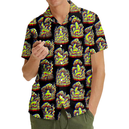 Third lifestyle shot highlighting the bold contrast of the hawaiian skull shirt design