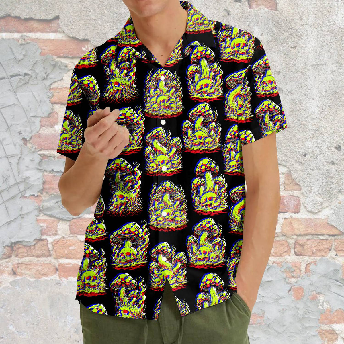 Fourth lifestyle view showing the comfortable fit of the psychedelic hawaiian top