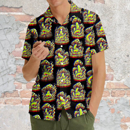 Fourth lifestyle view showing the comfortable fit of the psychedelic hawaiian top