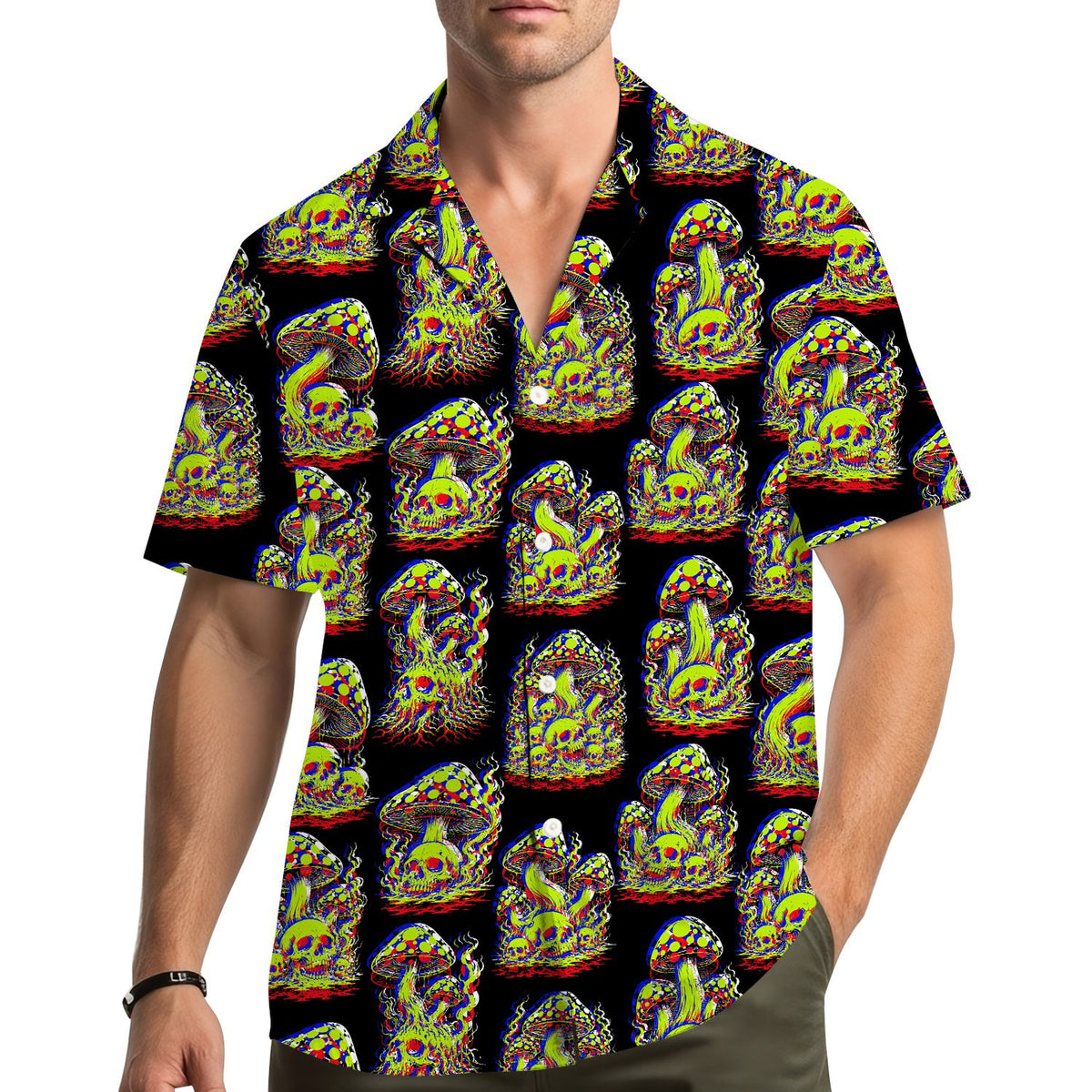 Lifestyle view of a person wearing the psychedelic skull mushroom hawaiian shirt outdoors
