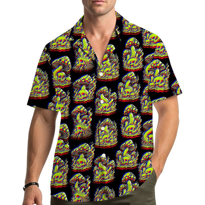 Lifestyle view of a person wearing the psychedelic skull mushroom hawaiian shirt outdoors