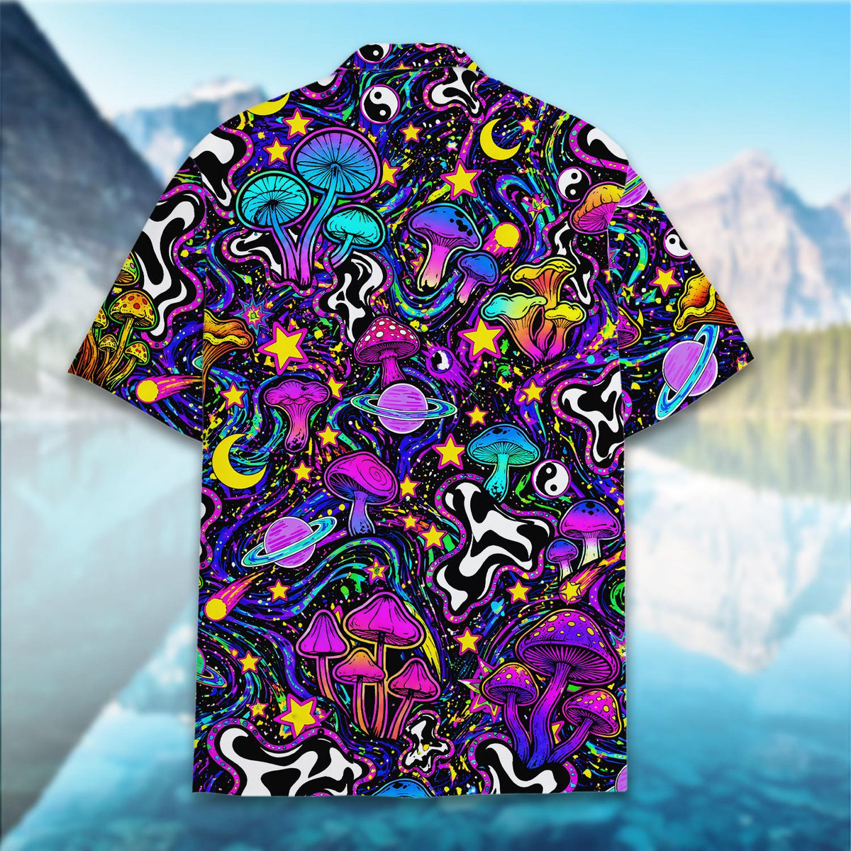 Alternative back view of the psychedelic space hawaiian shirt displaying vibrant abstract waves