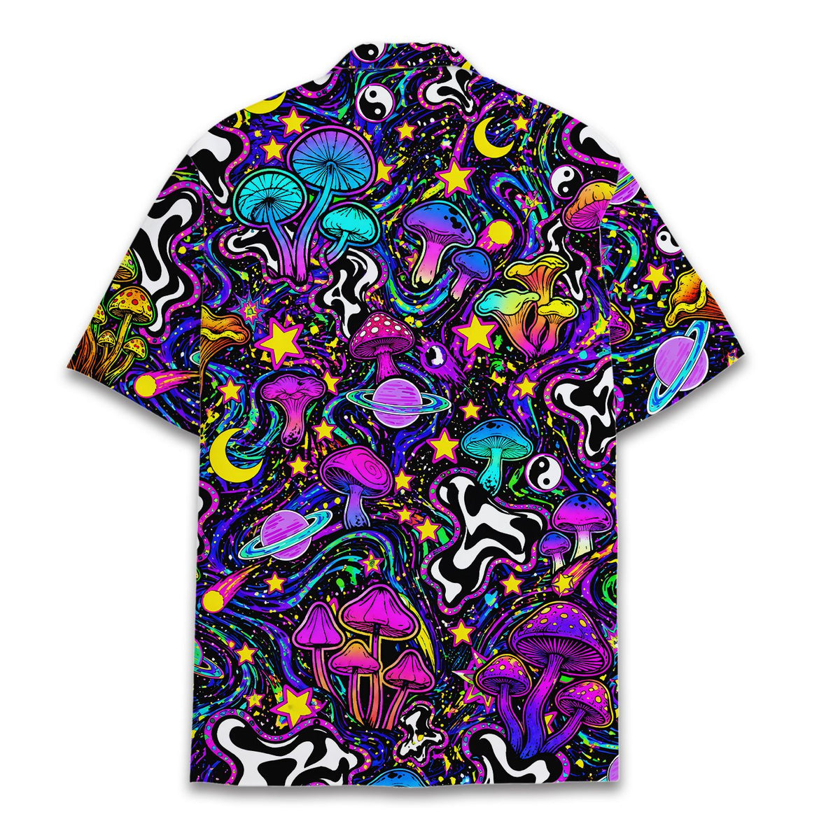 Back view of the psychedelic space hawaiian shirt displaying vibrant abstract waves and planets