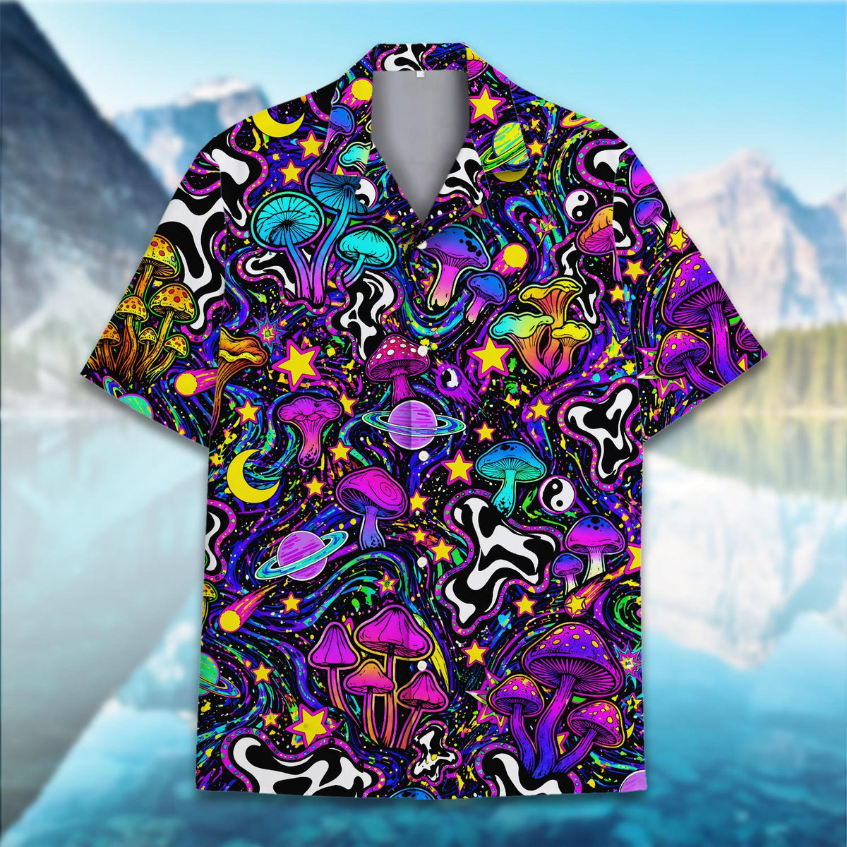 Psychedelic space hawaiian shirt featuring colorful planets and mushrooms on a dark cosmic background, flat front view