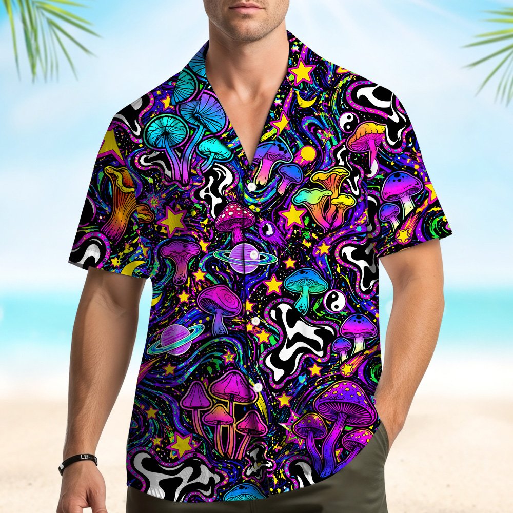 Lifestyle image showing a matching family hawaiian shirt design worn by a person in a casual setting