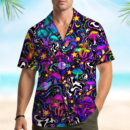 Lifestyle image showing a matching family hawaiian shirt design worn by a person in a casual setting