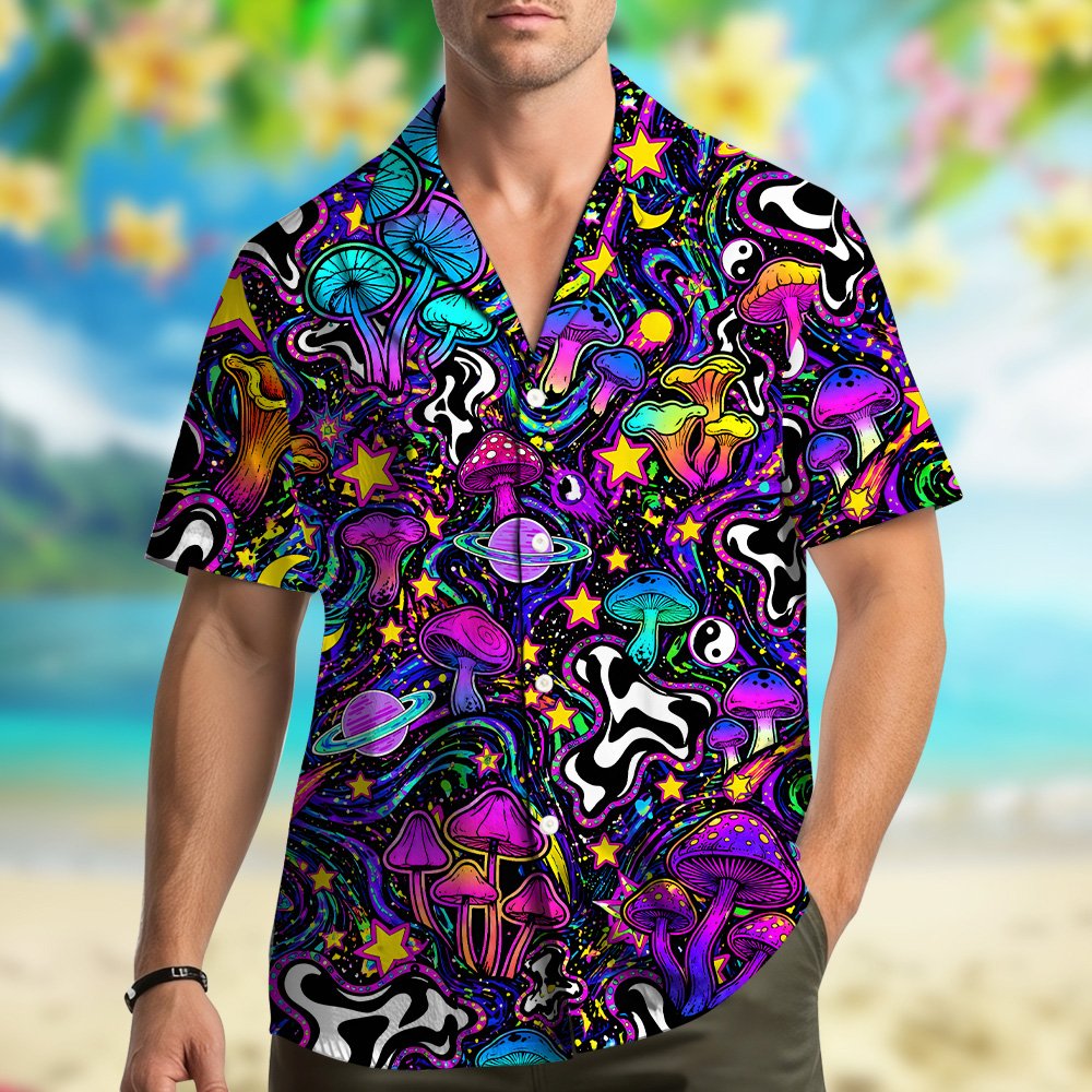 Lifestyle image highlighting the vibrant colors of the psychedelic space hawaiian shirt