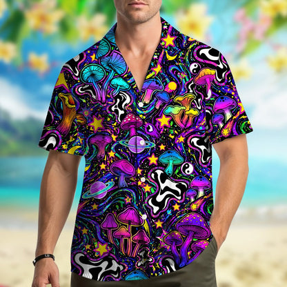 Lifestyle image highlighting the vibrant colors of the psychedelic space hawaiian shirt