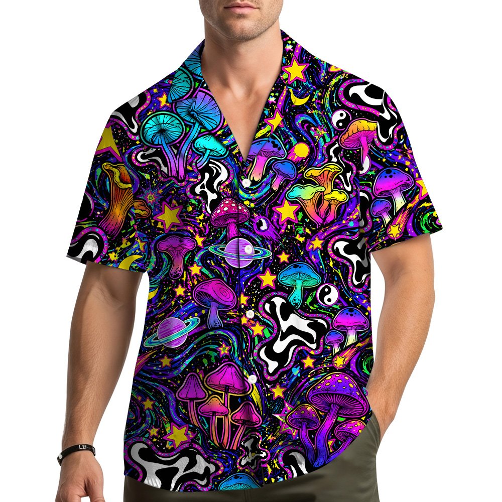 Lifestyle image showing a matching family hawaiian shirt design worn by a person