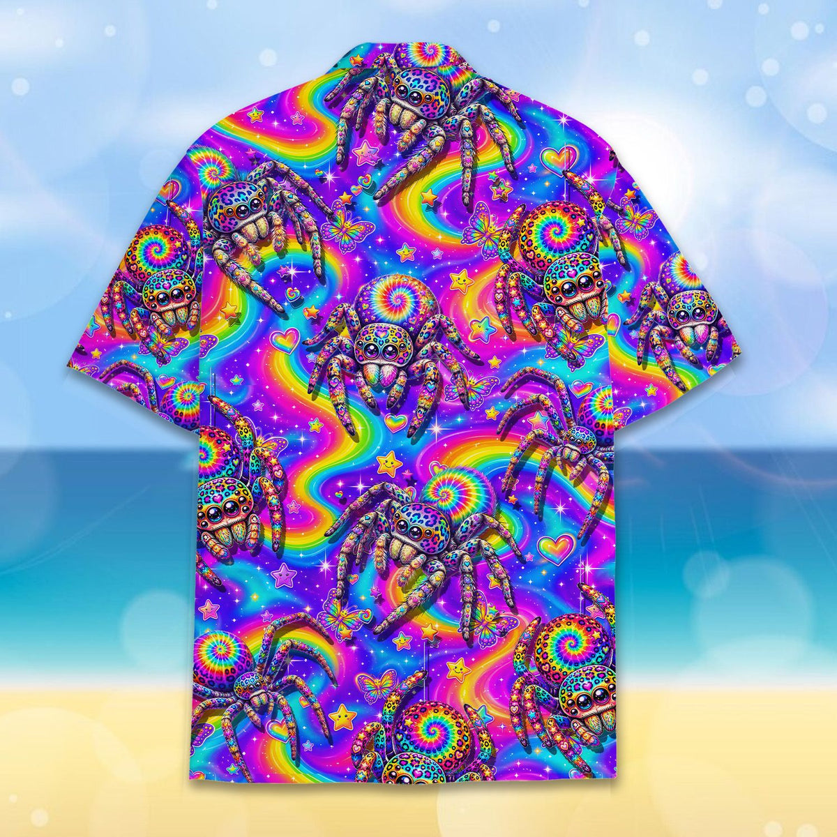 Matching family hawaiian shirt with psychedelic spiders, alternate back view