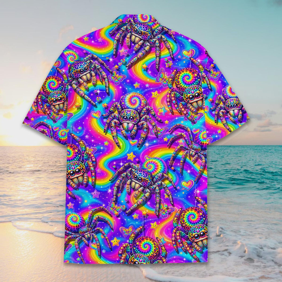 Matching family hawaiian shirt with psychedelic spiders, detailed back view