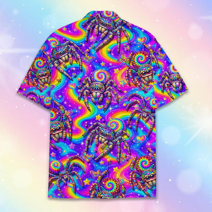 Matching family hawaiian shirt with psychedelic spiders, back view