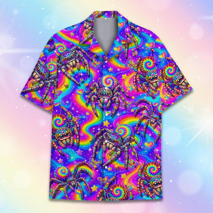 Matching family hawaiian shirt with psychedelic spiders, alternate front view