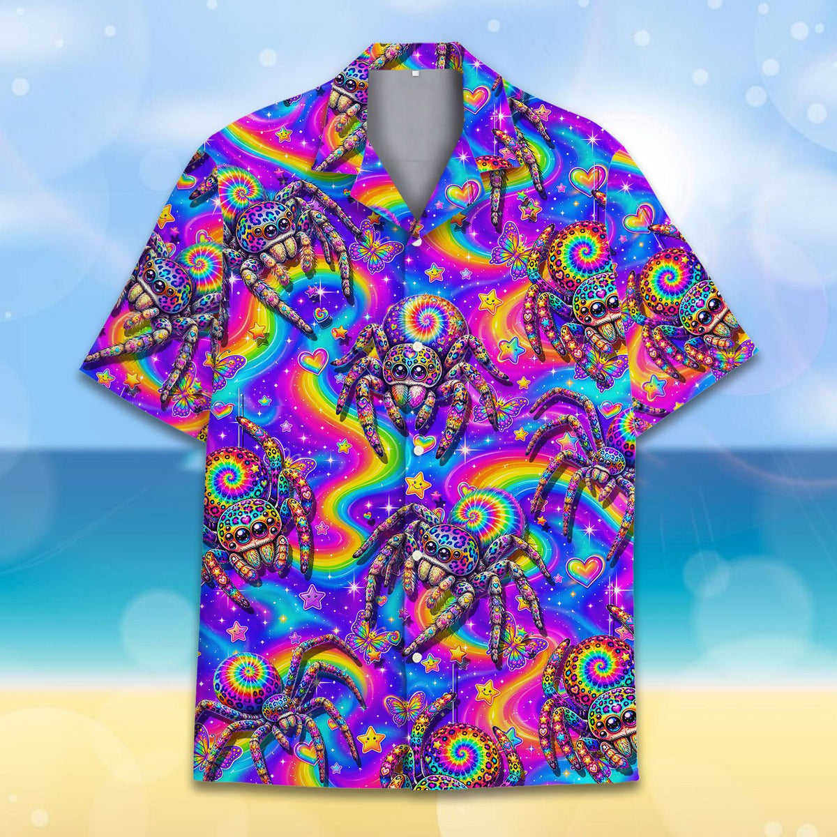 Matching family hawaiian shirt with psychedelic spiders, lifestyle view