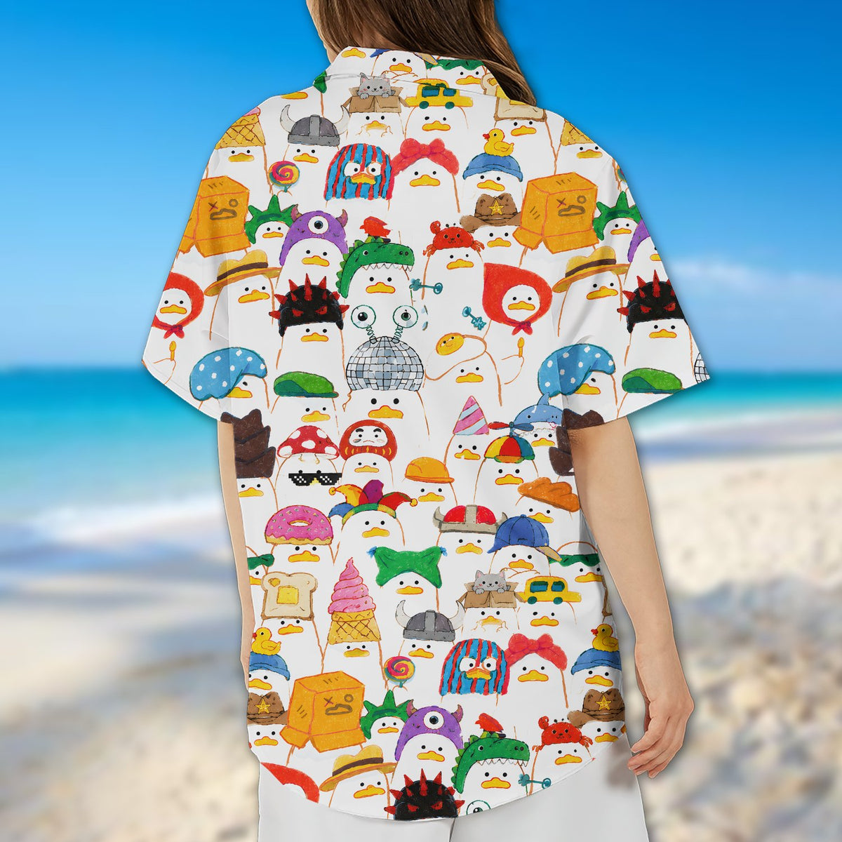 Back view of the quirky duck pattern hawaiian shirt