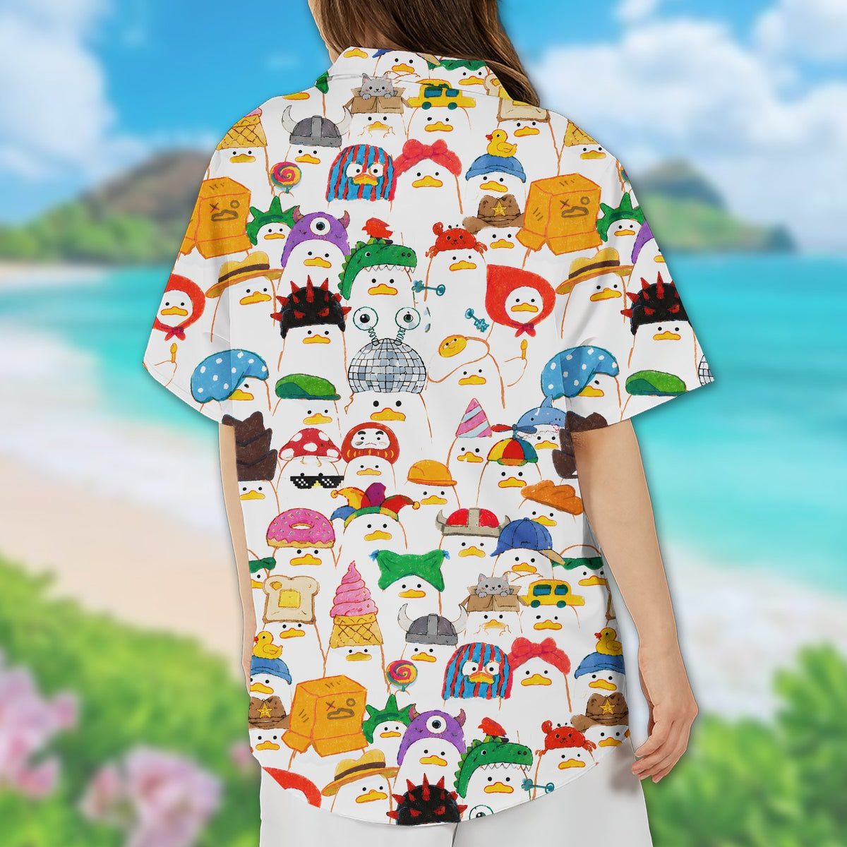 Detailed back view of the cartoon ducks hawaiian shirt