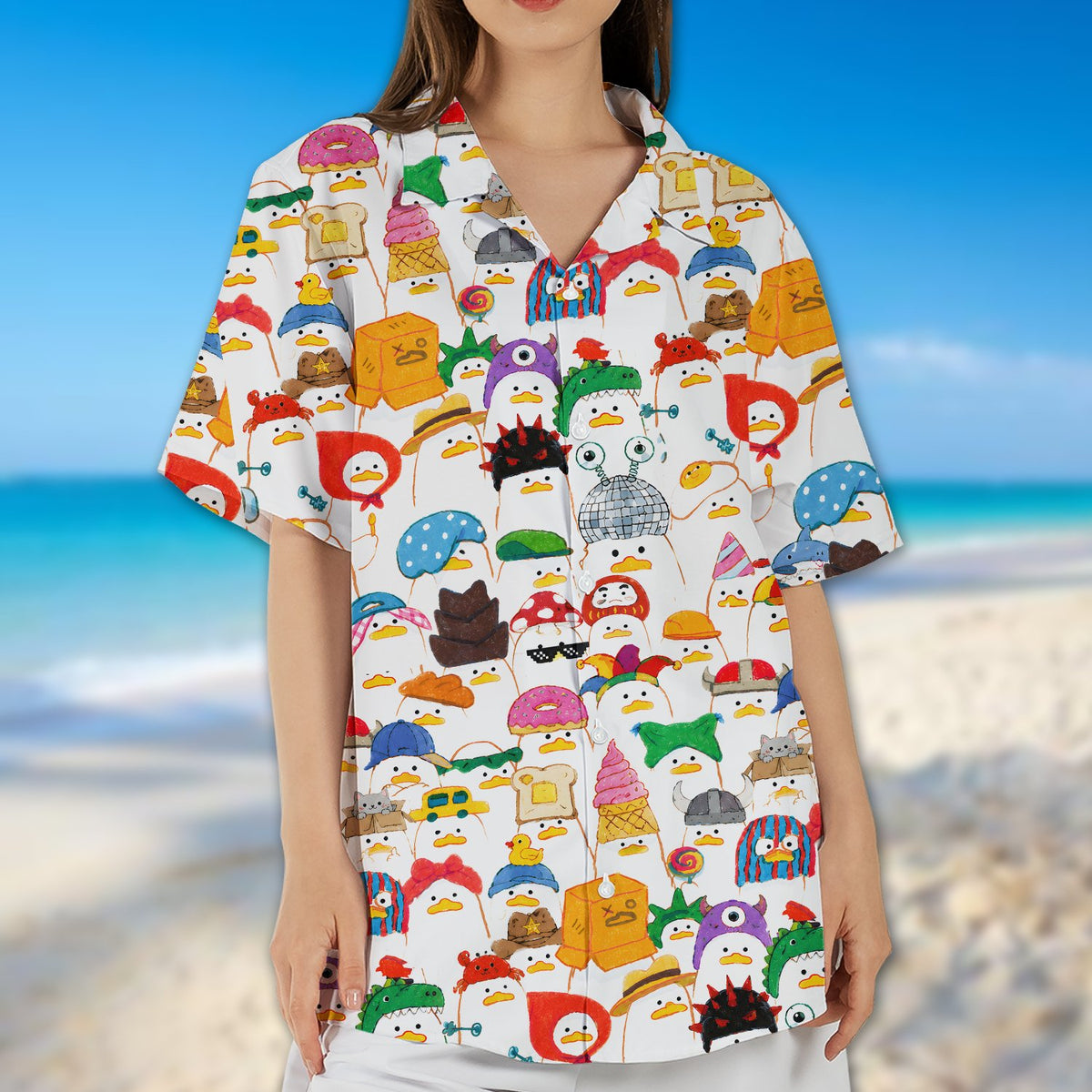 Another front view of the matching family hawaiian shirts