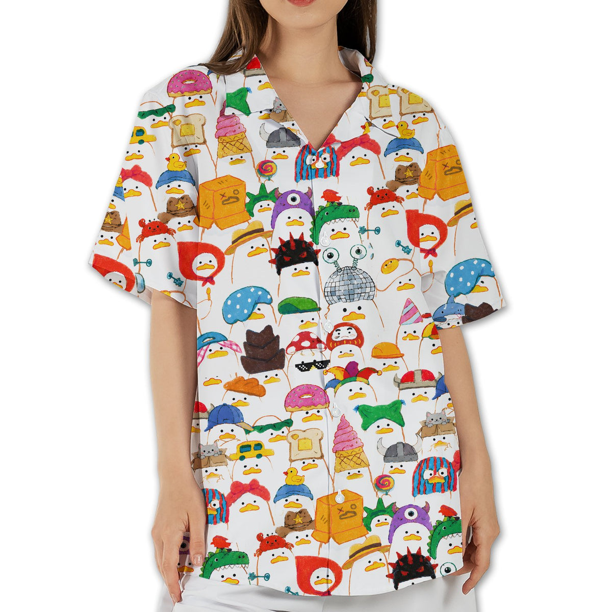 White quirky hawaiian shirt featuring cartoon ducks