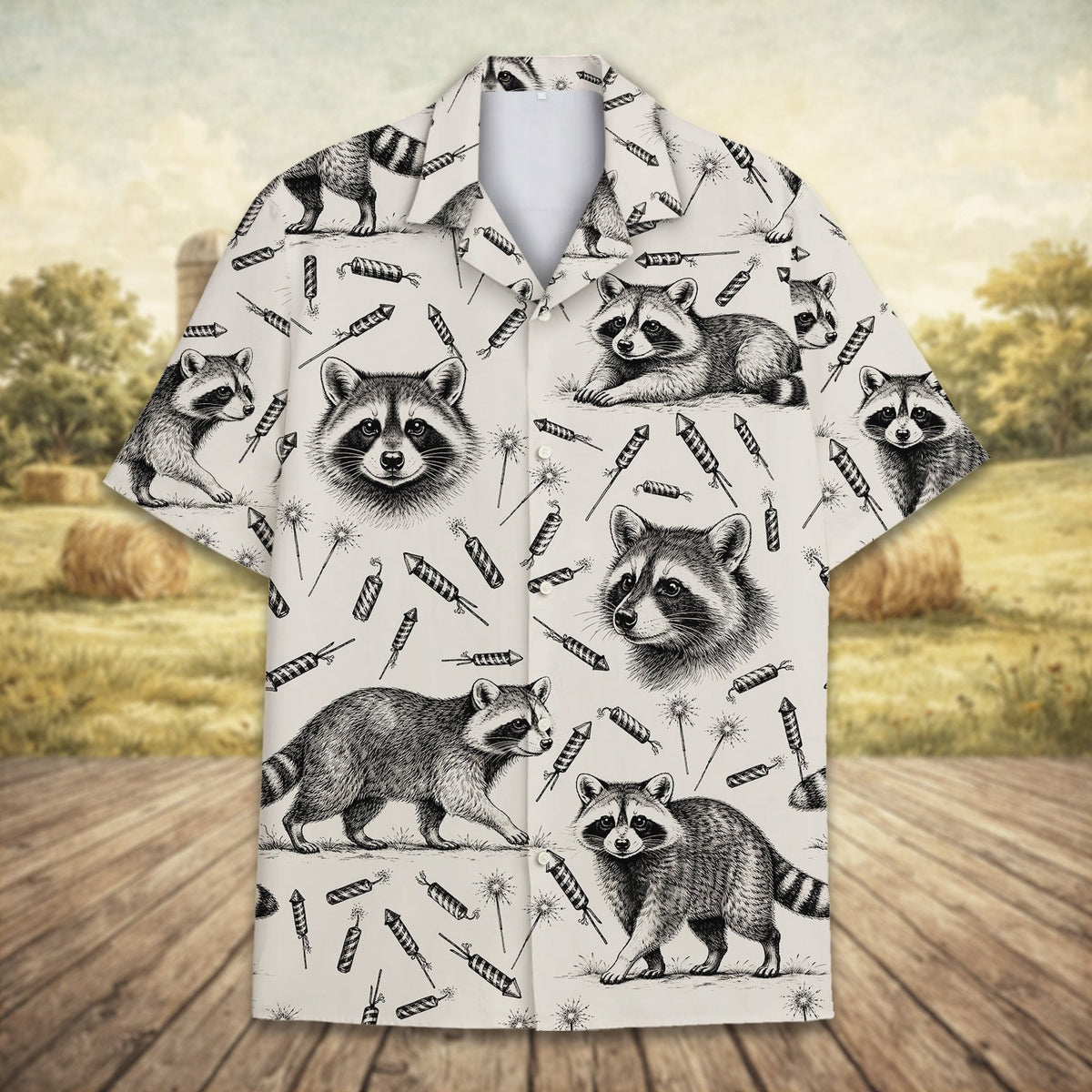 Matching family hawaiian shirts beige raccoon design front view 3