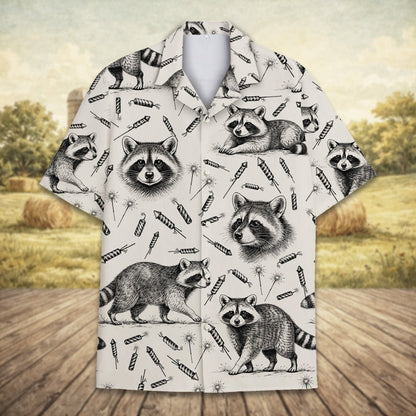 Matching family hawaiian shirts beige raccoon design front view 3