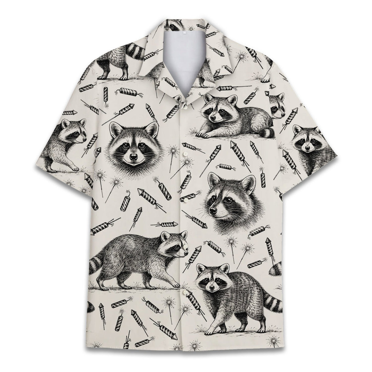 Raccoon and fireworks hawaiian shirt main view
