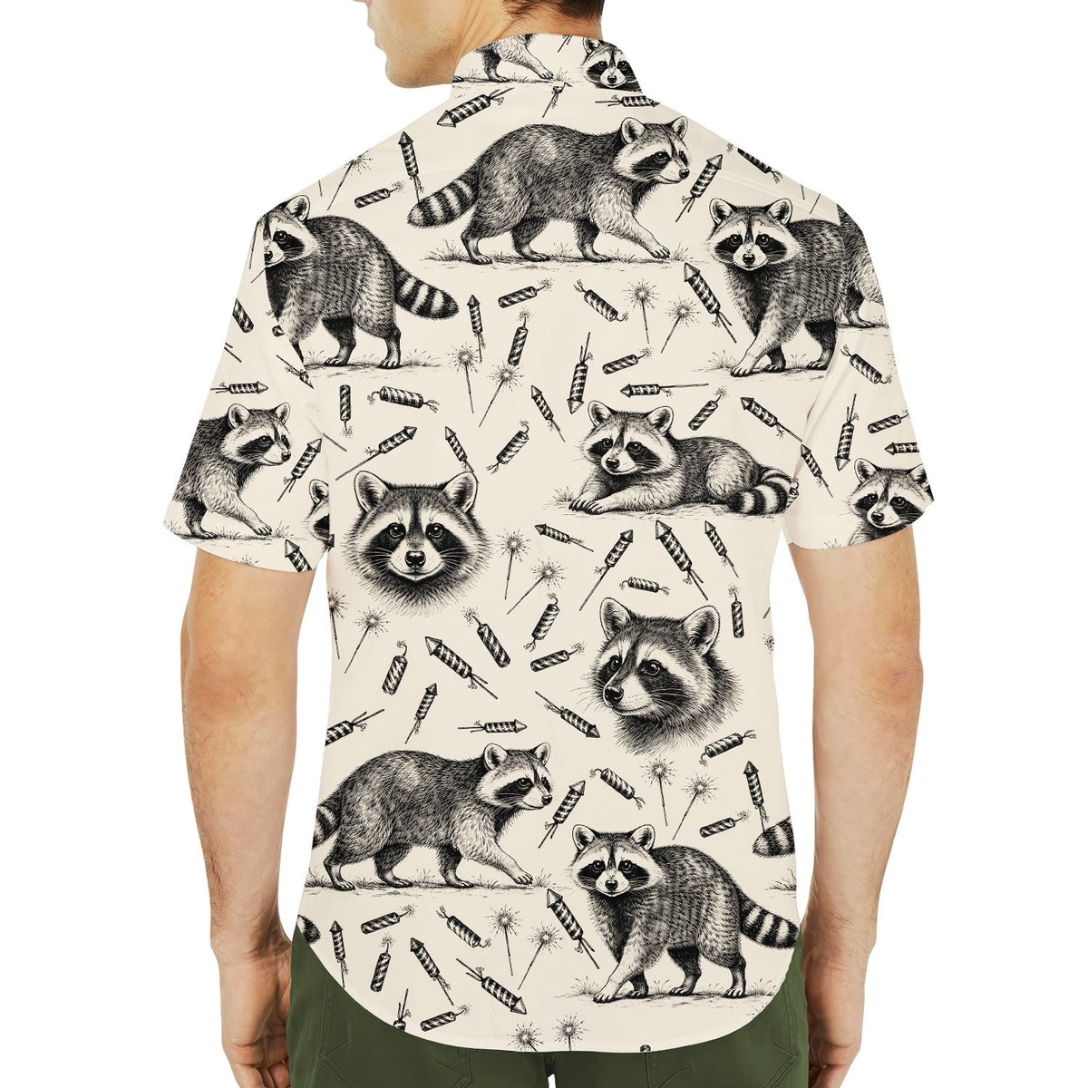 Lifestyle view of the raccoon and fireworks hawaiian shirt