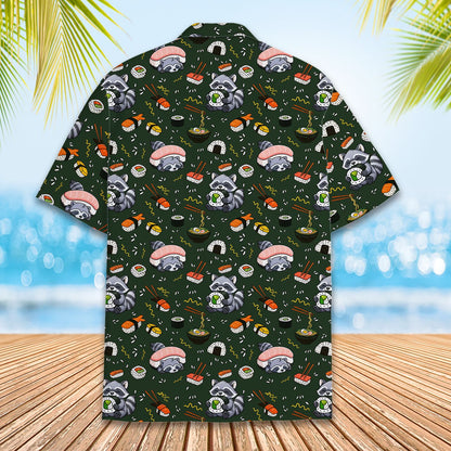 Alternate back view showing the raccoon and sushi design