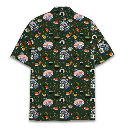 Back view of the matching family hawaiian shirts in dark green