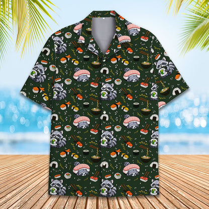 Raccoon and sushi pattern on green matching family hawaiian shirts