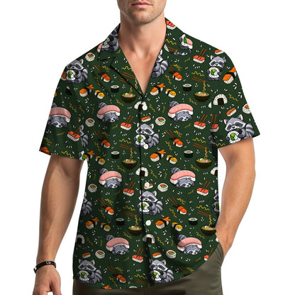 Another lifestyle view of the raccoon and sushi hawaiian shirt