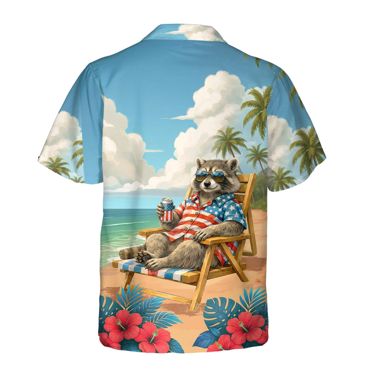 Back view of the raccoon beach scene hawaiian shirt