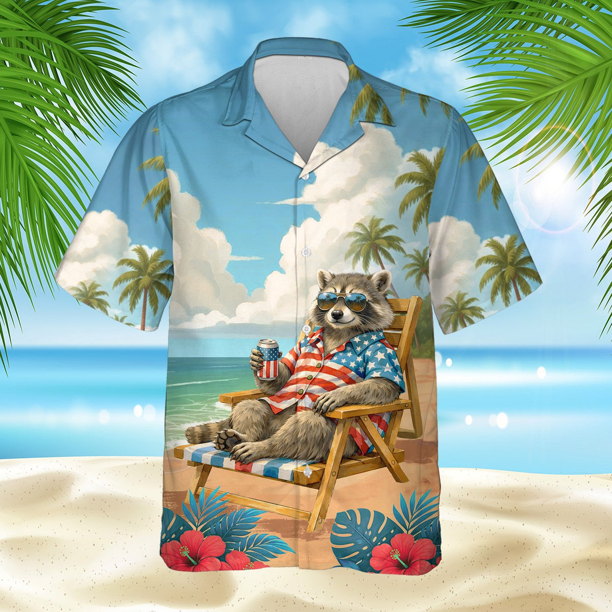 Another front view of the raccoon beach scene hawaiian shirt