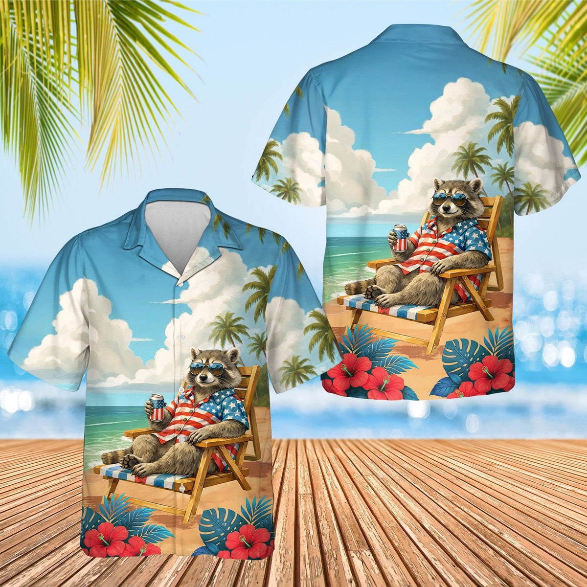 Front view highlighting the raccoon beach scene design