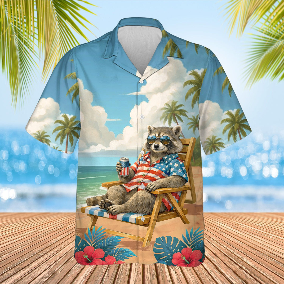 Main view of the raccoon beach scene hawaiian shirt