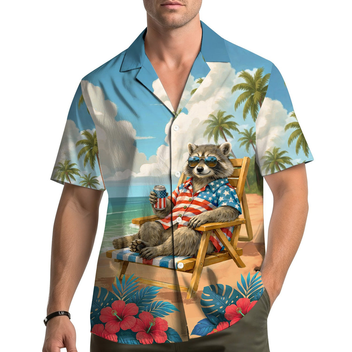 Lifestyle view of someone wearing the raccoon hawaiian shirt