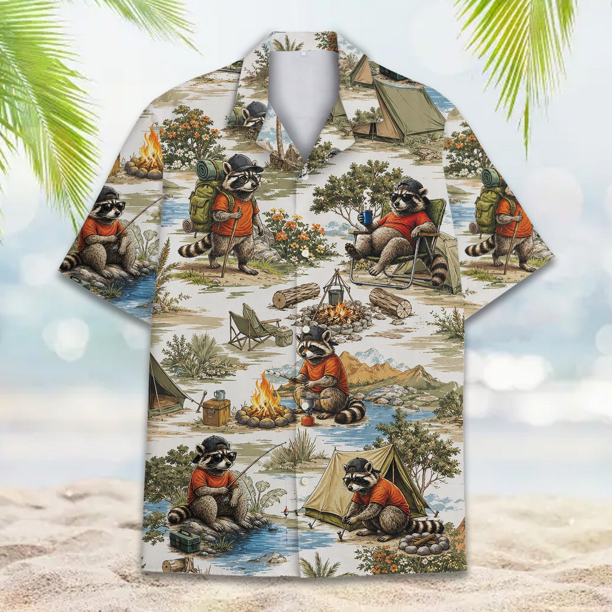 Close up front view of the raccoon camping hawaiian shirt showing tents and mountains