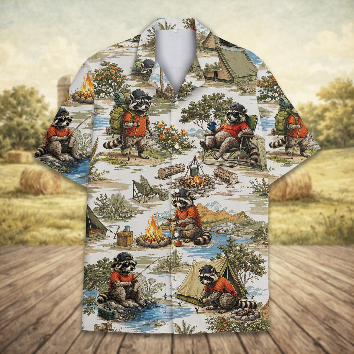 Front view of the raccoon camping hawaiian shirt with white, green, orange, and brown details