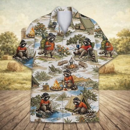 Front view of the raccoon camping hawaiian shirt with white, green, orange, and brown details