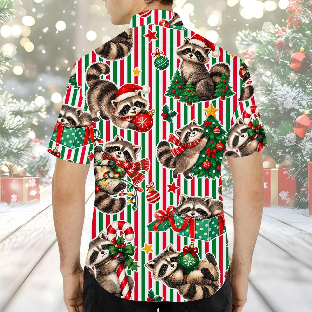 Second back view of the holiday raccoon Hawaiian shirt
