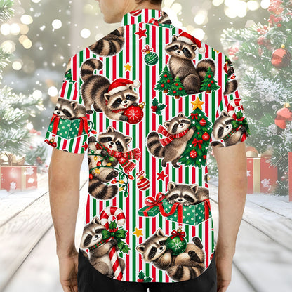 Second back view of the holiday raccoon Hawaiian shirt