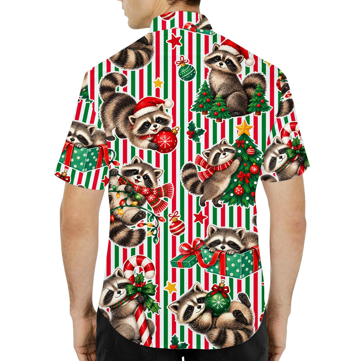 Detailed back view showing the colorful red and green stripe background