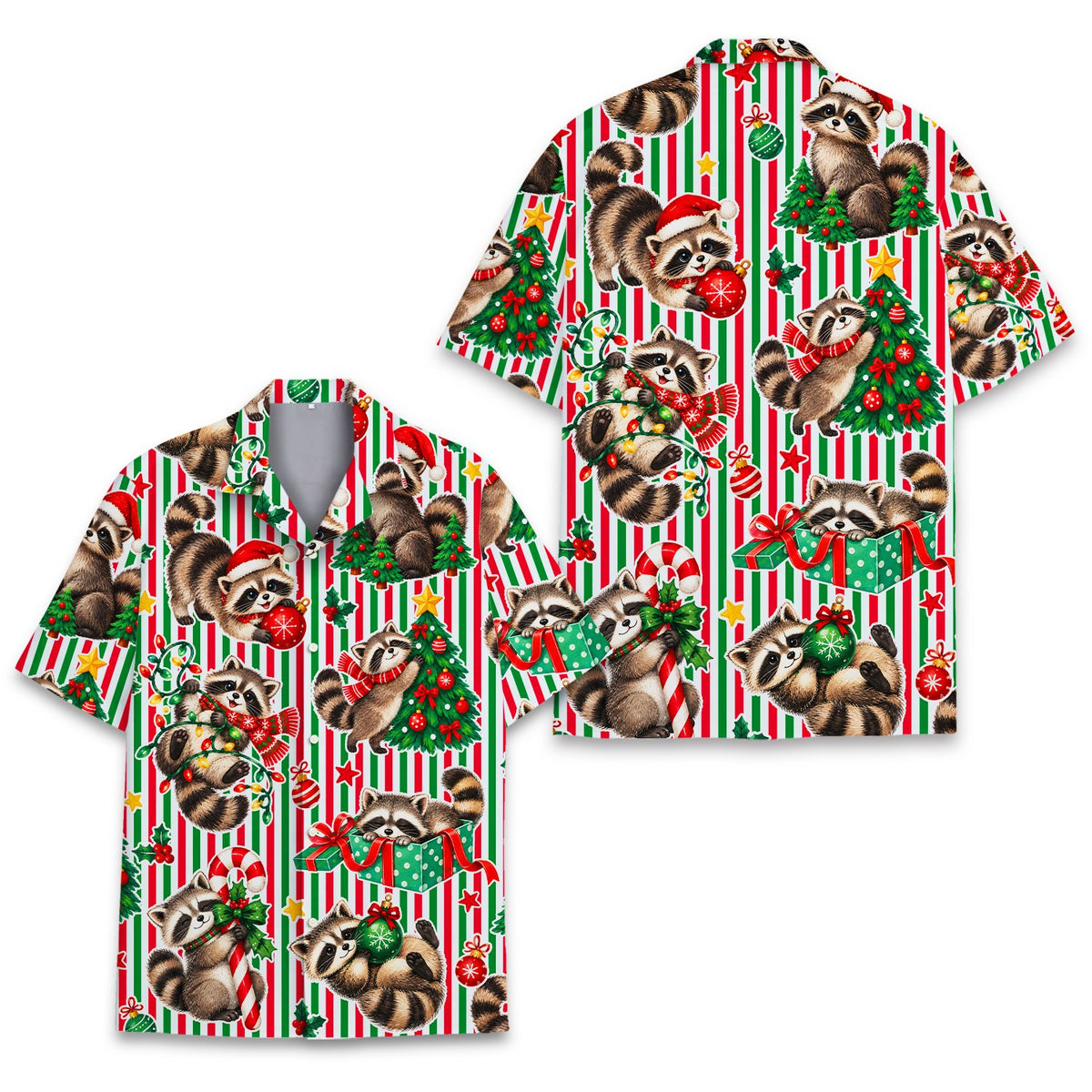 Detailed front view showing raccoons in Santa hats on the Hawaiian shirt