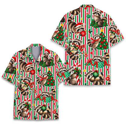 Detailed front view showing raccoons in Santa hats on the Hawaiian shirt