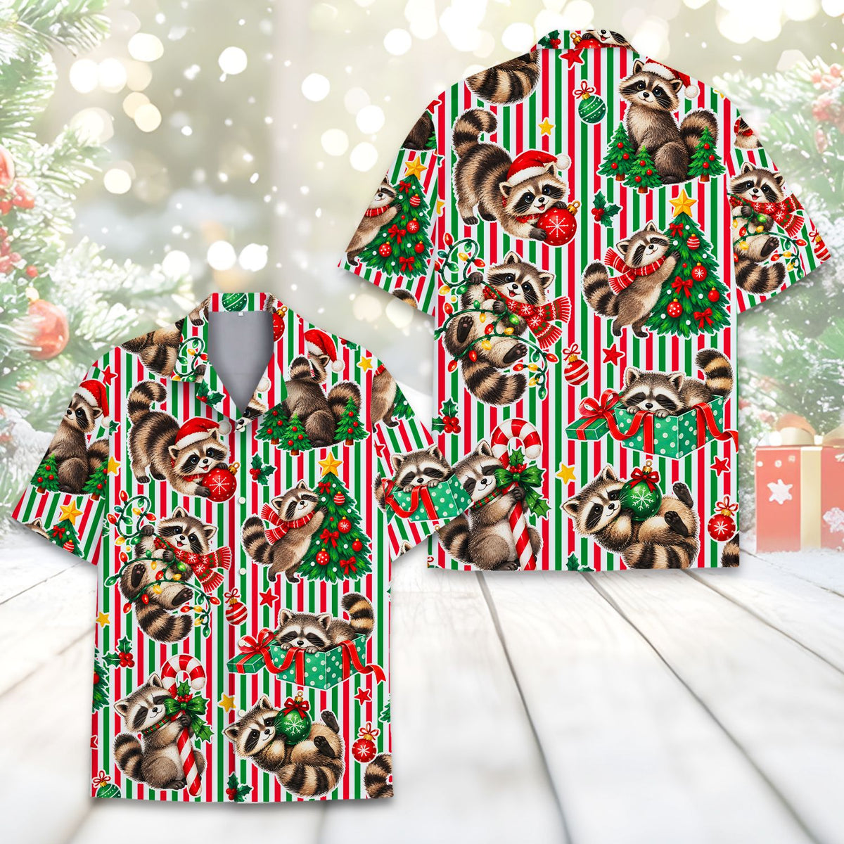 Close-up front view of the raccoon holiday pattern on the button-down shirt