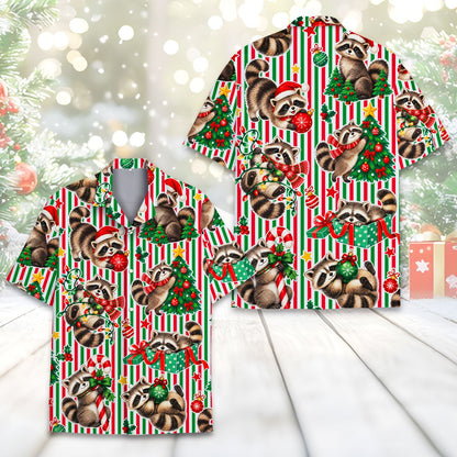 Close-up front view of the raccoon holiday pattern on the button-down shirt