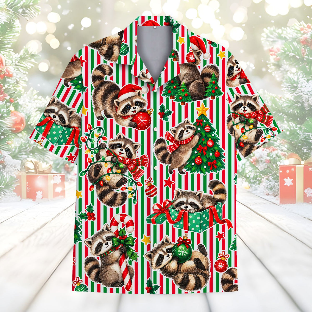 Front view of the matching family hawaiian shirts with festive raccoons