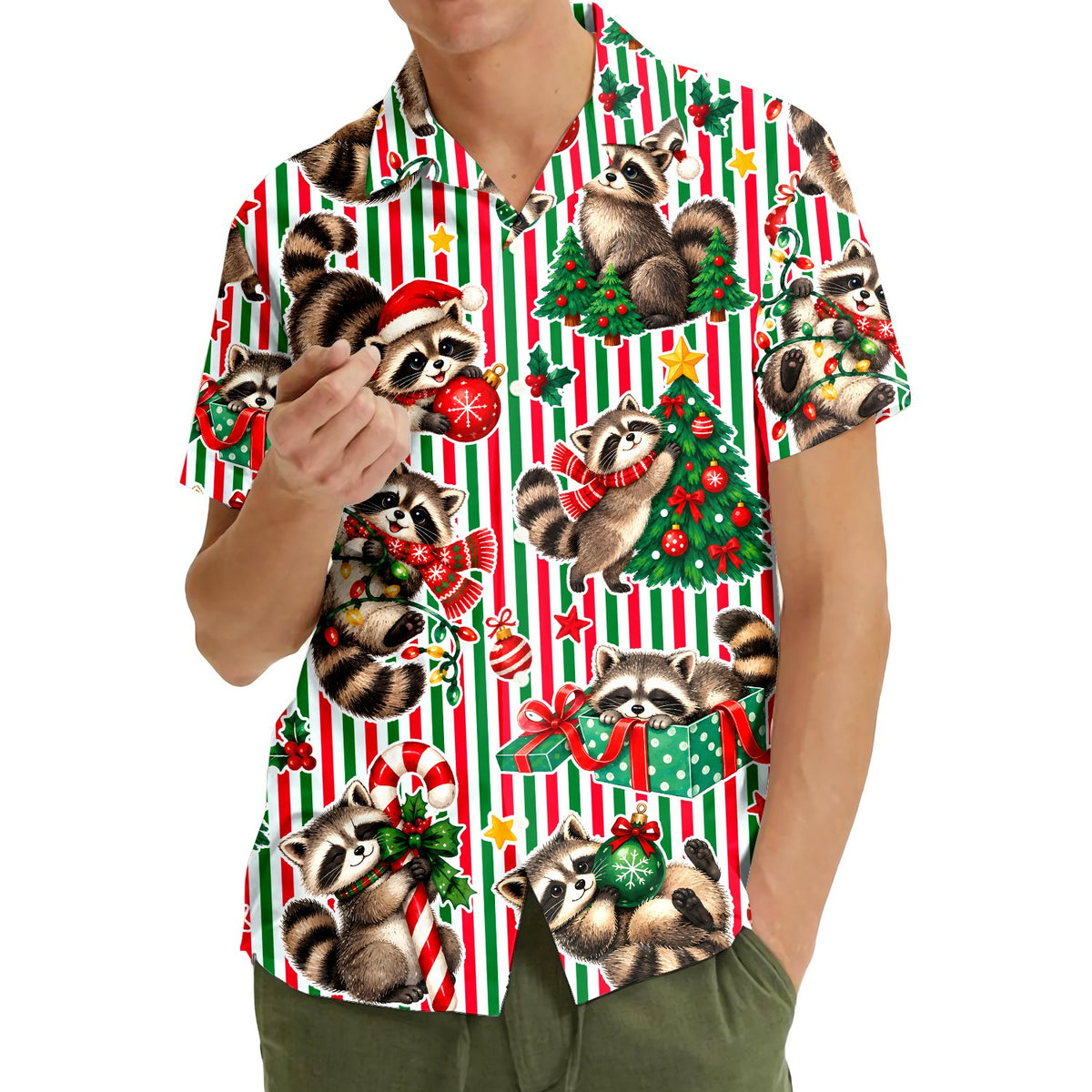 Lifestyle view of a family wearing matching family hawaiian shirts for Christmas