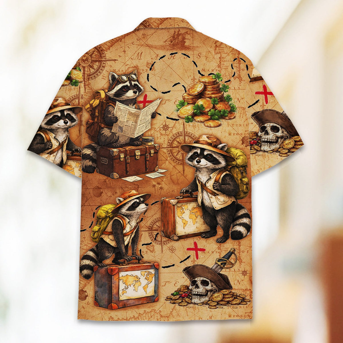 Back view of the raccoon explorer hawaiian shirt