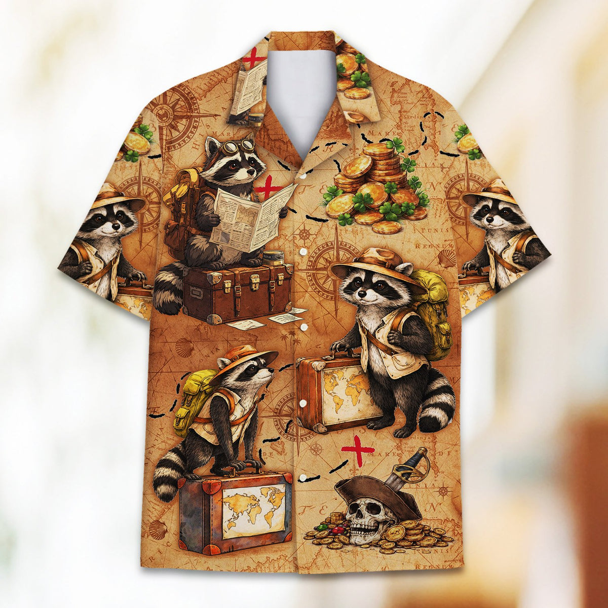 Front view of the matching family hawaiian shirt with raccoon explorer pattern